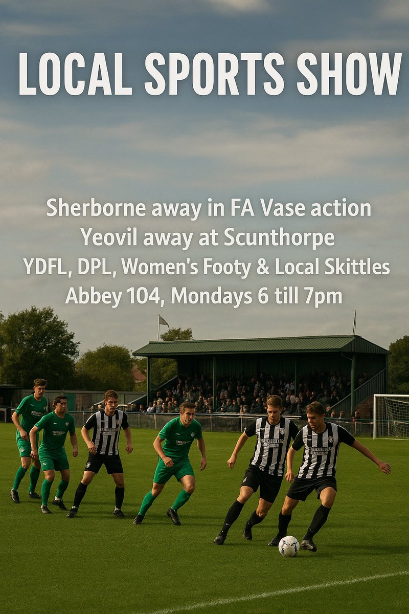 We are back on Monday night with <a href="/Abbey_104/">Abbey104</a> #LocalSportsShow. <a href="/SherborneTownFC/">Sherborne Town FC</a> bow out of the FA Vase, <a href="/YTFC/">Yeovil Town FC</a> drop points again in the NL. Also <a href="/yeovilleague/">Yeovil League</a>, <a href="/DPL_official/">Dorset Premier Football League</a>, Women's Footy <a href="/SherborneLFC/">Sherborne Town Ladies FC</a> <a href="/YTFCWOMEN/">Yeovil Town Women FC</a> &amp; Skittles <a href="/fridayskittles/">Yeovil Friday Skittles</a> <a href="/yeovilskittle/">yeovilskittleleague</a>. Sponsored by <a href="/_yellowbox/">Yellowbox</a>.