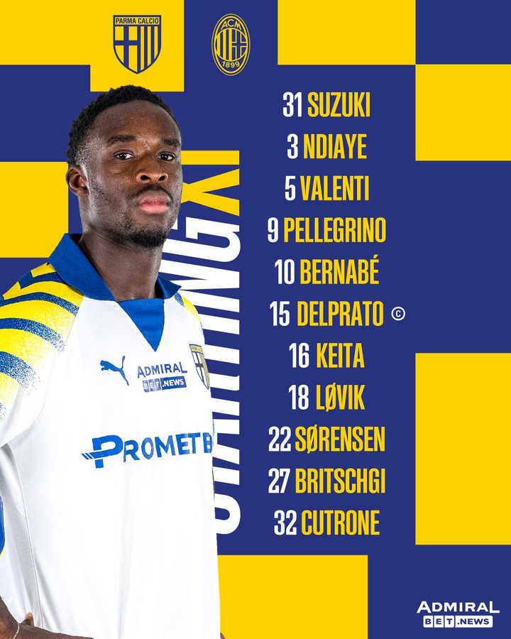 Yellow and blue graphic with Parma Calcio 1913 team crest sponsor Admiral logo and player names including 31 Suzuki 3 Ndiaye 5 Valenti 9 Pellegrino 10 Bernabe 15 Del Prato 16 Keita 18 Levik 22 Sorensen 27 Britschi 32 Crotone overlaid on image of dark-skinned male player in white and blue Puma kit facing forward