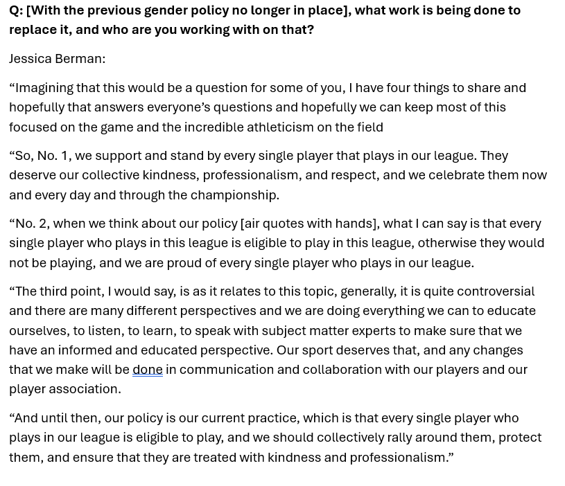 JeffKassouf's tweet photo. #NWSL commissioner Jessica Berman spoke at halftime. She declined to explicitly confirm her widely reported contract extension ("I'm gonna still say that I intend to be here.") and was asked (Q: @JasonDCsoccer) about the league's gender policy. Berman's full answer. https://t.co/tAEXuTbOIZ