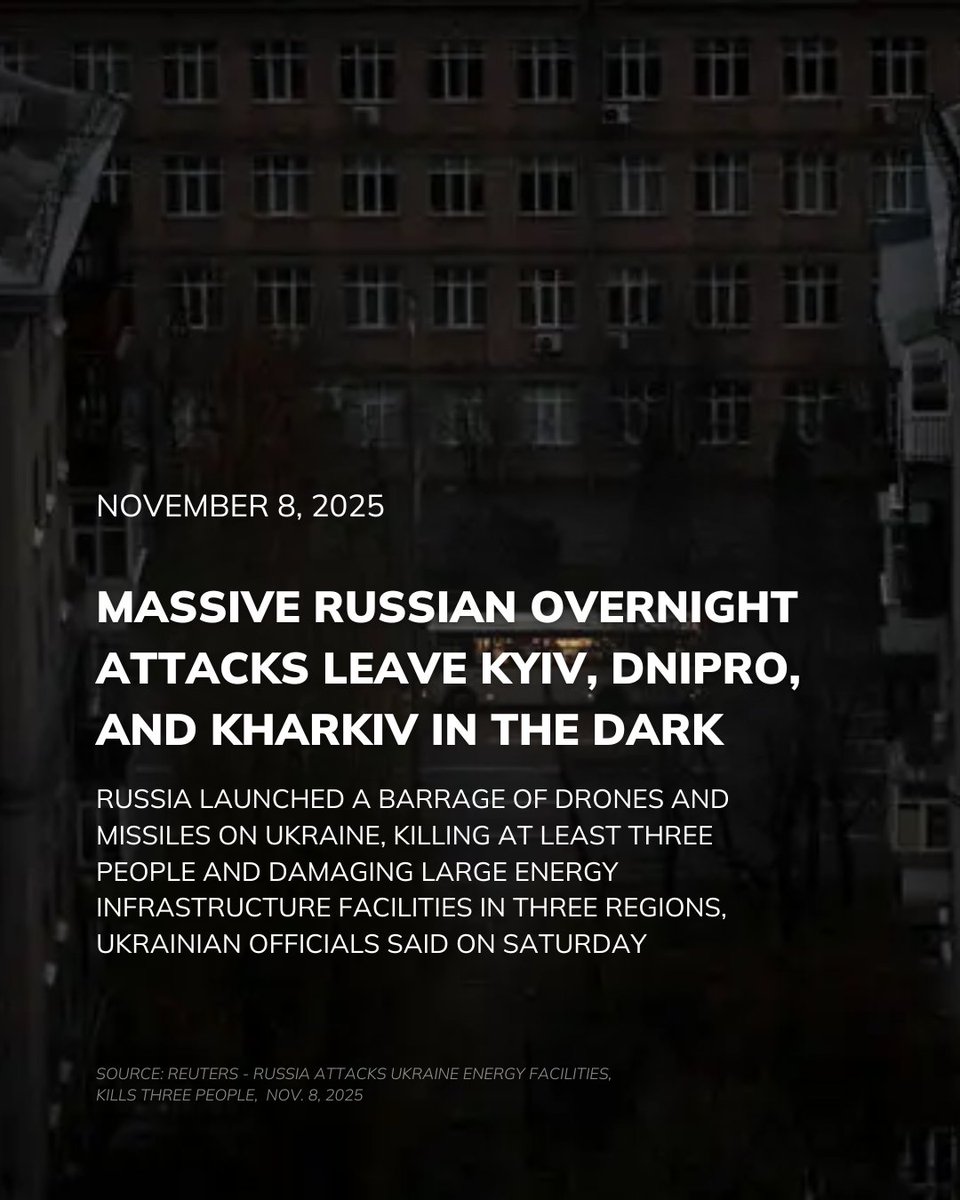 Overnight strikes hit Ukraine’s power system across multiple regions.
Russia launched 450+ drones and dozens of missiles at Kyiv, Dnipro, Kharkiv, and Poltava. Homes and hospitals went dark, leaving millions to face winter with unstable heat and power.