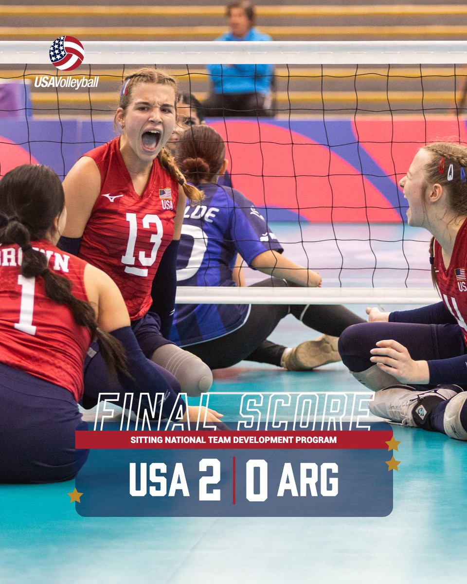 usavolleyball's tweet photo. HEADED TO THE FINALS! 🔥  

The SNTDP 🇺🇸 defeated Argentina 🇦🇷 in straight sets 2-0 (25-9, 25-12) to earn a spot in the FINALS at the 2025 Youth Parapan Games! 💪 

They will compete for a GOLD medal tomorrow against Brazil 🇧🇷 at 7:00 a.m. PT!

Recap 🔗: https://t.co/oLyMVqpZoz https://t.co/Ccu0hlcNja