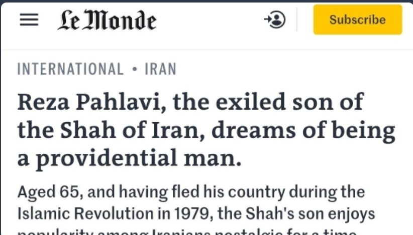 روزنامه لِموند فرانسه هم میگه ربع پهلوی فقط رویای شاه شدن داره و مهره رژیمه برای بی‌ثباتی کشور و طرفداراش همه ربات هستن،

اما چندتا بی‌عقل داخلي هنوز نمیخان اینو قبول کنن😂🤦🏻‍♂️