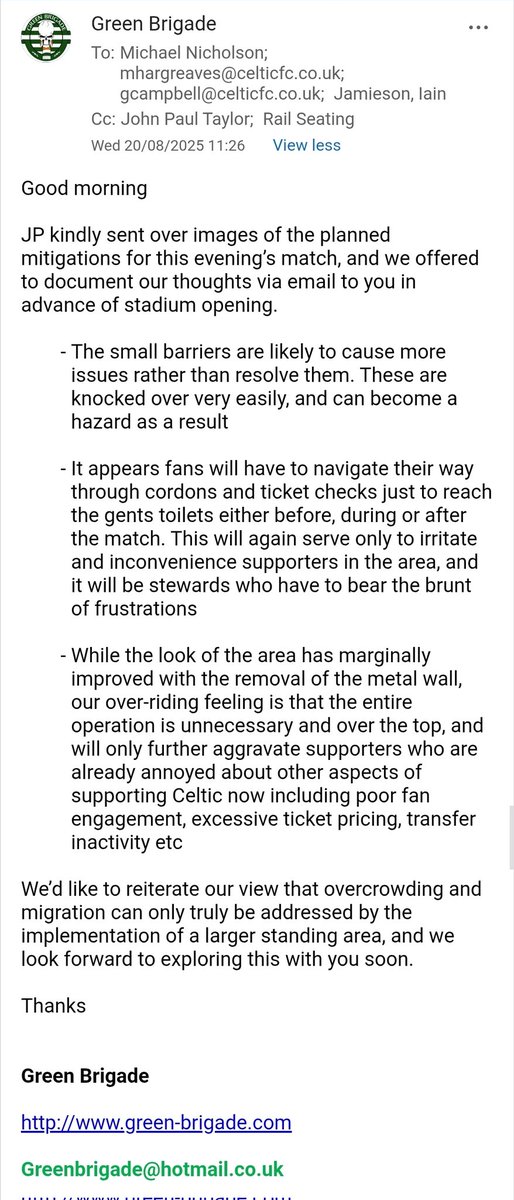 As per the recent GB statement, the group consistently shared feedback and raised concerns with Celtic FC in a mature and constructive fashion as demonstrated with this series of emails. Within them, the GB repeatedly raise concerns about security, process and engagement.

1/2
