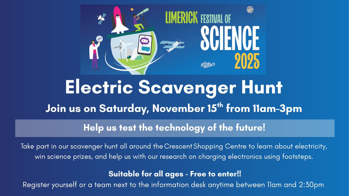 SSPCentre's tweet image. If you missed the #ScienceWeek show today at the Crescent Shopping Centre.... There is an opportunity to join the Electric Scavenger Hunt next Saturday ⬇️

Suitable for all ages, entry FREE

@Researchirel @ilovelimerick @Limerick_ie