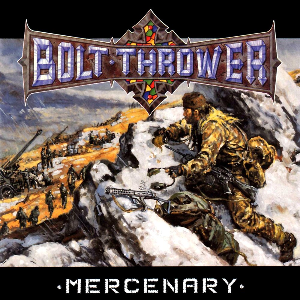 DMTMPromo's tweet photo. November 9th, 1998 #boltthrower released album: Mercenary. 
#deathmetal 🇬🇧
Karl Willetts – Vocals.
Gavin Ward – Rhythm guitar.
Barry Thomson – Rhythm and lead guitar.
Jo Bench – Bass.
Alex Thomas – Drums.
Produced by Ewan Davies &amp; Bolt Thrower.
Artwork by Peter Archer. https://t.co/tIJSMND0VE