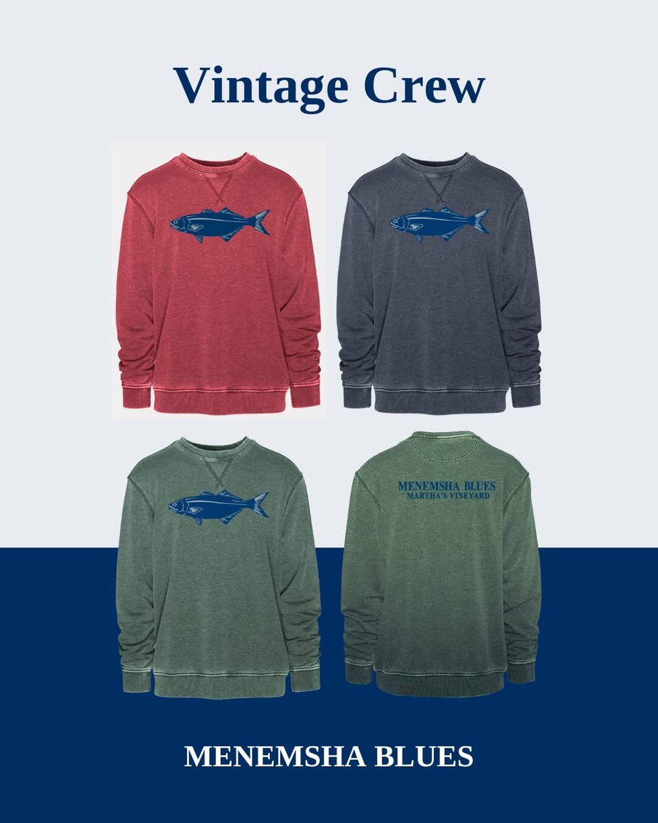 Your fall essential: the #VintageCrew 💙🐟
Soft fleece, lived-in look, and unique wash give it that perfect Vineyard vibe.
Available in Chili, Navy &amp; Spruce—great for gifting too!
🛍️ Visit our #VineyardHaven store or call 508-693-9599. #localbrand