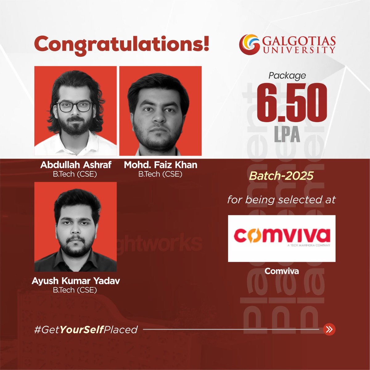 Galgotias University proudly announces the placement of three students in Comviva! Comviva, a global leader in mobile solutions and a subsidiary of Tech Mahindra (Mahindra Group), specializes in providing cutting-edge digital platforms and services in telecommunications and