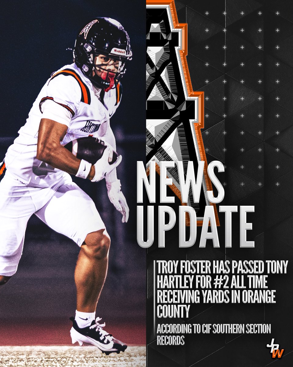 JPWestMedia's tweet image. Troy Foster has officially passed Tony Hartley for #2 All Time Receiving Yards in Orange County
