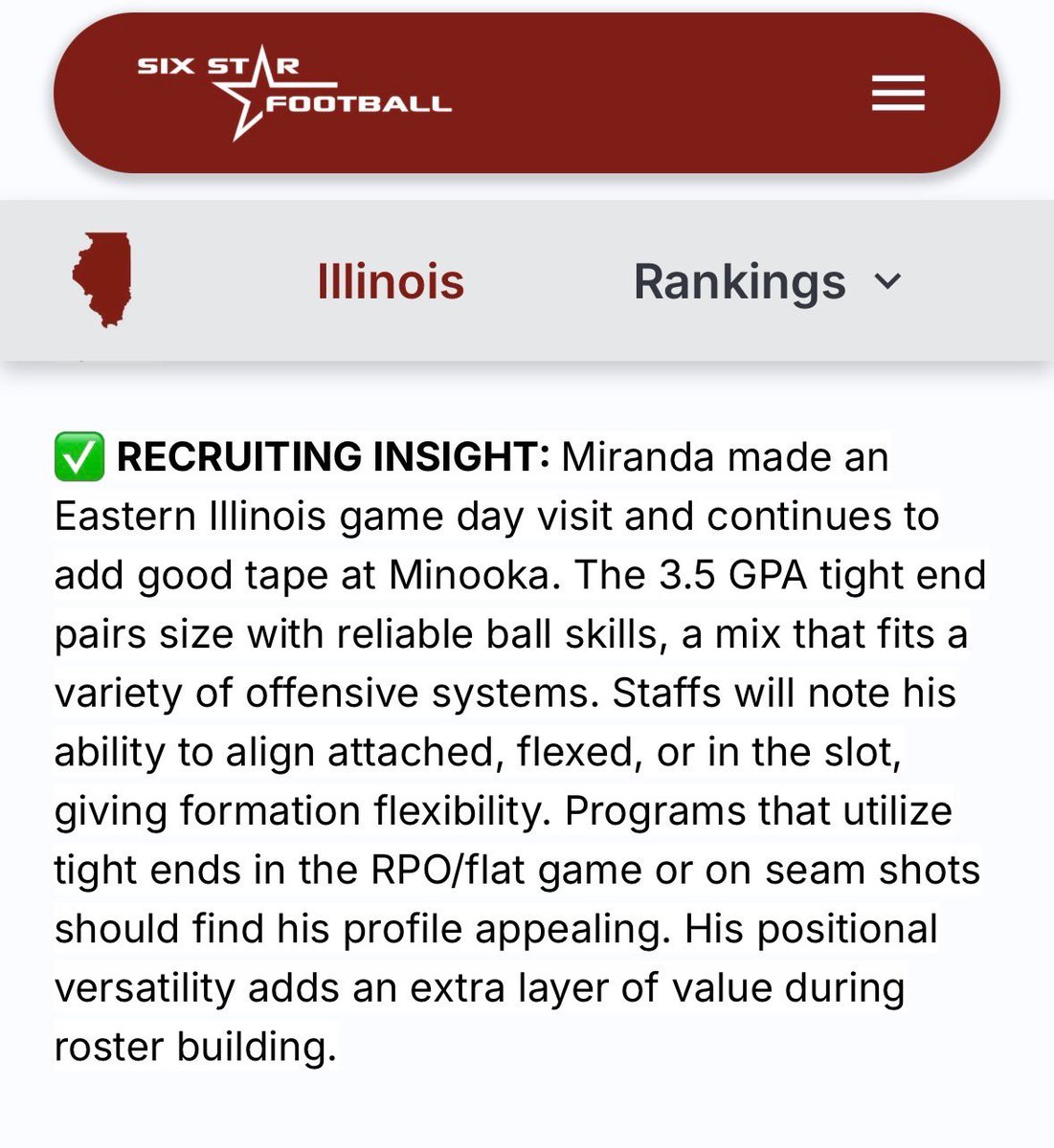 jacksonamiranda's tweet image. Thank you @sixstarfootball for the write up! Looking for a home!
RECRUITMENT 100% OPEN!
@Minooka_Indians @RecruitTheNook @mwfbrecruiting @ChiPlayerWatch @EDGYTIM @PrepRedzoneIL @MKeeler5