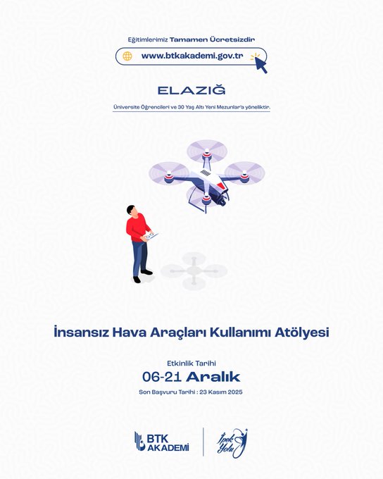 First image shows a cartoon man in suit and cape flying with stars and clouds holding a star above text Elazığ Geleceğine Uç promoting free education by BTK Akademi with website link. Second image depicts robotic arms painting colorful code on canvas with title Üretken Yapay Zekâ Araçları Eğitimi dates June 7 to July 9 2025 and BTK branding. Third image illustrates man in red shirt holding drone with propellers above text İnsansız Hava Araçları Kullanımı Atölyesi dates June 21 to July 21 2025 university collaboration and BTK logo. Fourth image features man in lab coat with robot arm and gears titled ROS2 ile AMR Otonom Mobil Robot Geliştirme Atölyesi dates June 21 to July 21 2025 with BTK and university mentions.