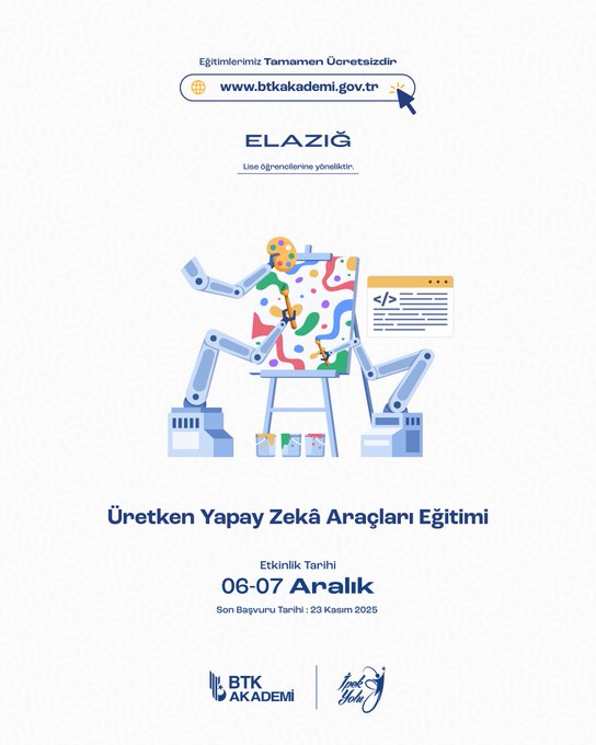 First image shows a cartoon man in suit and cape flying with stars and clouds holding a star above text Elazığ Geleceğine Uç promoting free education by BTK Akademi with website link. Second image depicts robotic arms painting colorful code on canvas with title Üretken Yapay Zekâ Araçları Eğitimi dates June 7 to July 9 2025 and BTK branding. Third image illustrates man in red shirt holding drone with propellers above text İnsansız Hava Araçları Kullanımı Atölyesi dates June 21 to July 21 2025 university collaboration and BTK logo. Fourth image features man in lab coat with robot arm and gears titled ROS2 ile AMR Otonom Mobil Robot Geliştirme Atölyesi dates June 21 to July 21 2025 with BTK and university mentions.