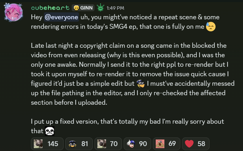 FM54321's tweet image. Hey guys uh, you might've noticed a repeat scene &amp;amp; some render errors in today's SMG4 ep, that one is fully on me. I put a lil explanation in the Discord and also posting here. 

There's a fixed version up, that's totally my bad I'm really sorry about that 😓