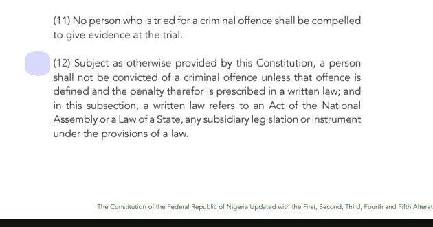 <a href="/DailyPostNGR/">Daily Post Nigeria</a> Your much talked about 99 INDIVISIBLE, INDISSOLUBLE, INDESTRUCTIBLE, INDI-ETCBLE Constitution of the Federal Republic of  Nigeria STATED that CLEARLY.

❓ is. If they've been prosecuting him without a WRITTEN LAW, &amp; the Chief Judge goes on to convict him, isn't that a Treason?