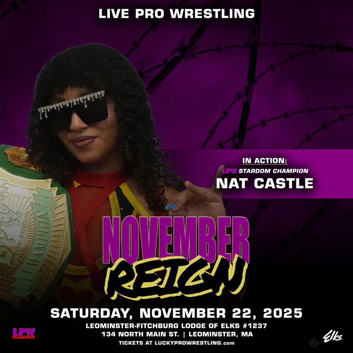 LProWrestling's tweet image. Lucky Pro Wrestling presents &quot;November Reign&quot; on Saturday, Nov 22 at the Elks Hall (134 N Main St) in Leominster, MA. Doors open at 6:30PM; live wrestling at 7:30PM.
Tickets for this event are just $15!
luckyprowrestling.com