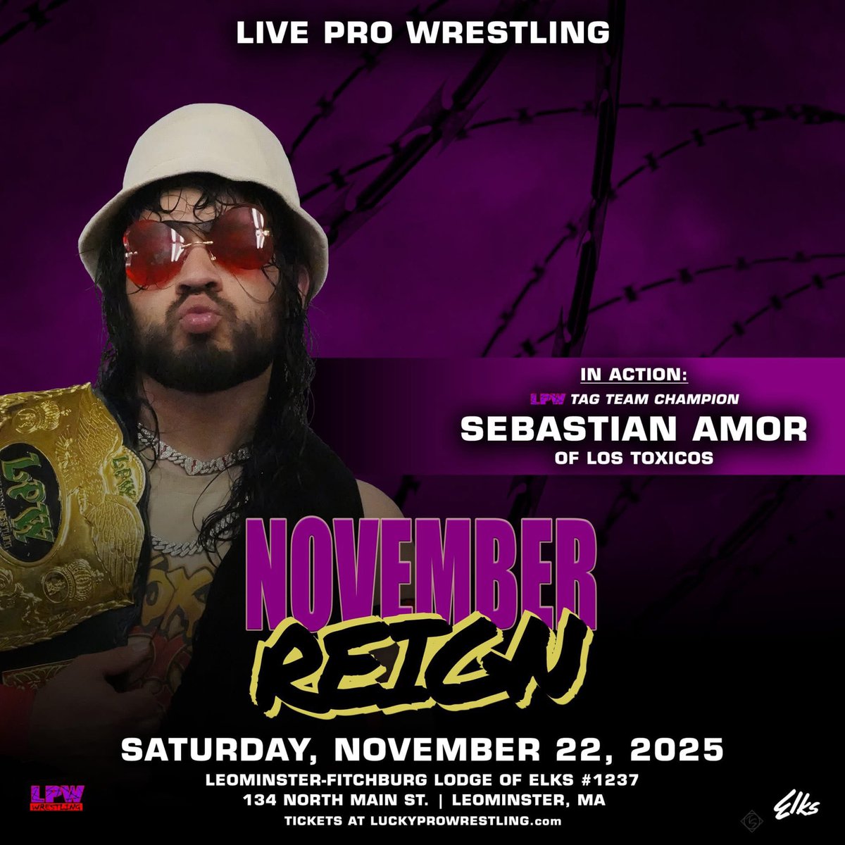 LProWrestling's tweet image. Lucky Pro Wrestling presents &quot;November Reign&quot; on Saturday, Nov 22 at the Elks Hall (134 N Main St) in Leominster, MA. Doors open at 6:30PM; live wrestling at 7:30PM.
Tickets for this event are just $15!
luckyprowrestling.com