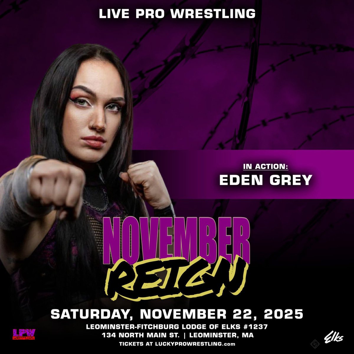 LProWrestling's tweet image. Lucky Pro Wrestling presents &quot;November Reign&quot; on Saturday, Nov 22 at the Elks Hall (134 N Main St) in Leominster, MA. Doors open at 6:30PM; live wrestling at 7:30PM.
Tickets for this event are just $15!
luckyprowrestling.com
