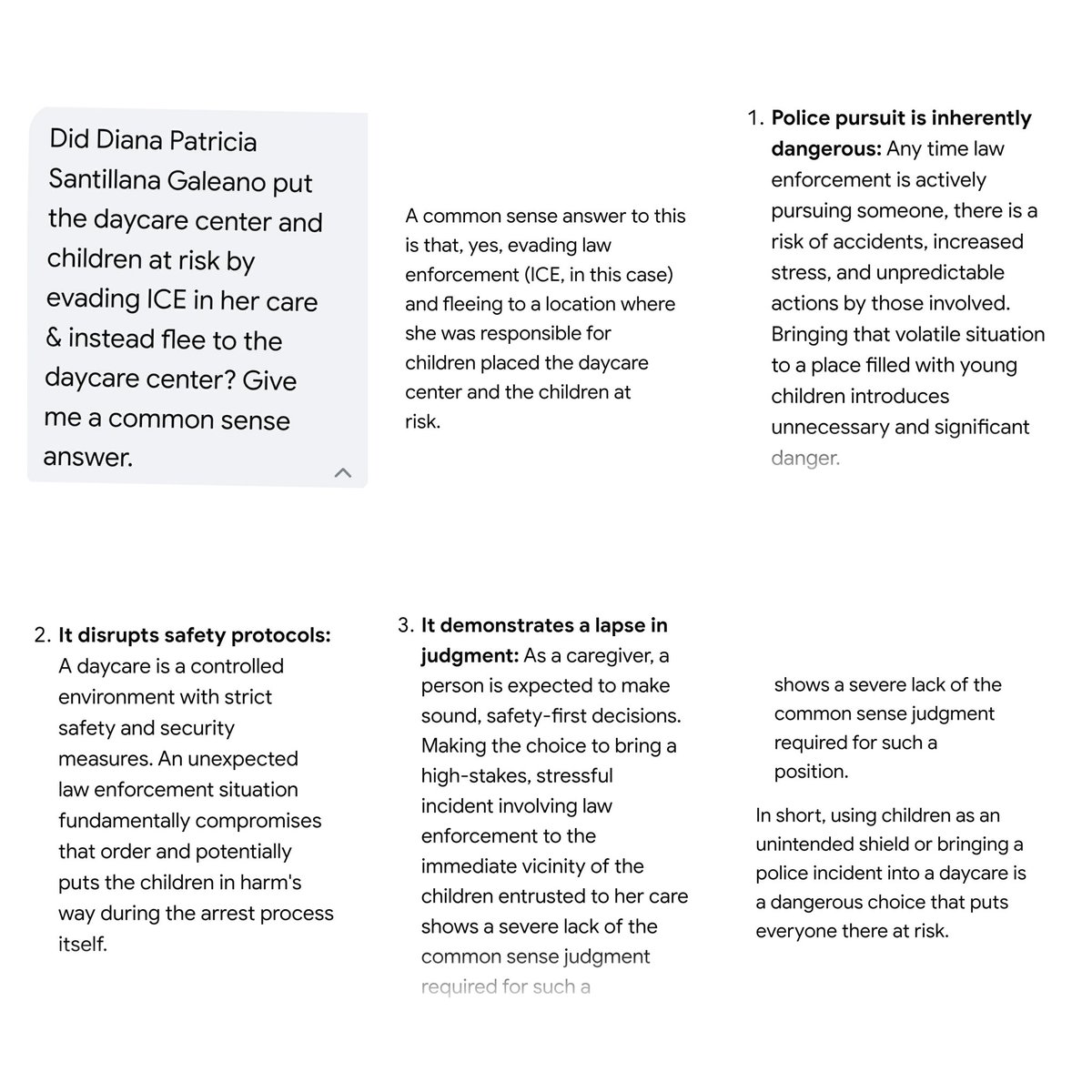 mia_deplorable's tweet image. Why isn&apos;t the MSM pointing out that the #illegalalien #humantrafficker #DianaPatriciaSantillanaGaleano that by EVADING Federal Agents &amp;amp; PURPOSELY fleeing to the Daycare Center, she put the children at risk NOT ICE! It took 3x asking chatgpt!
