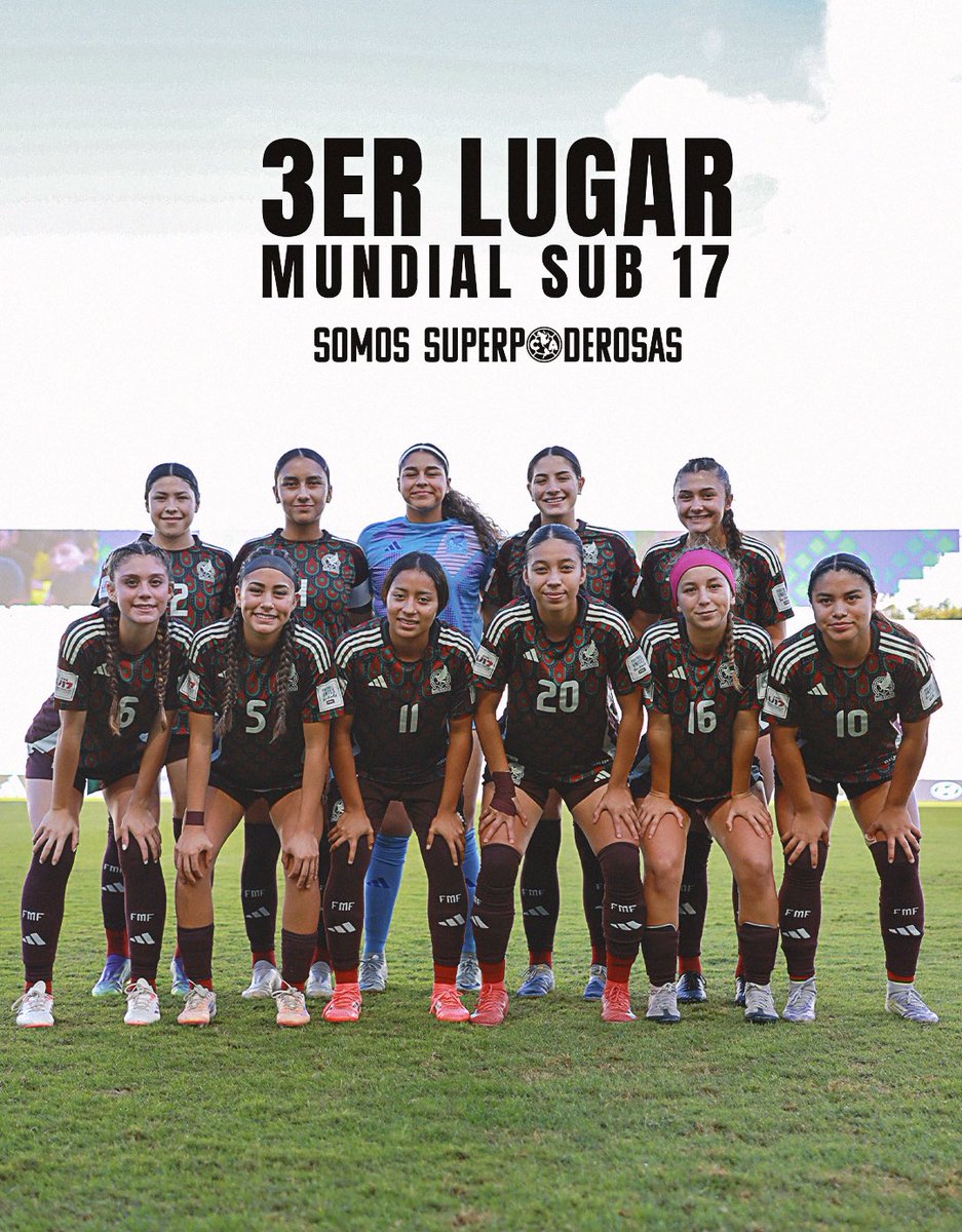 ¡Orgullo total! 🇲🇽

La Selección Mexicana Sub-17 se lleva el tercer lugar en el Mundial, y nuestra jugadora Valentina Murrieta brilló con actuaciones que dejaron huella bajo el arco. 

Somos Superpoderosas, y el esfuerzo de todas las jugadoras inspira a todo México. 💛💙