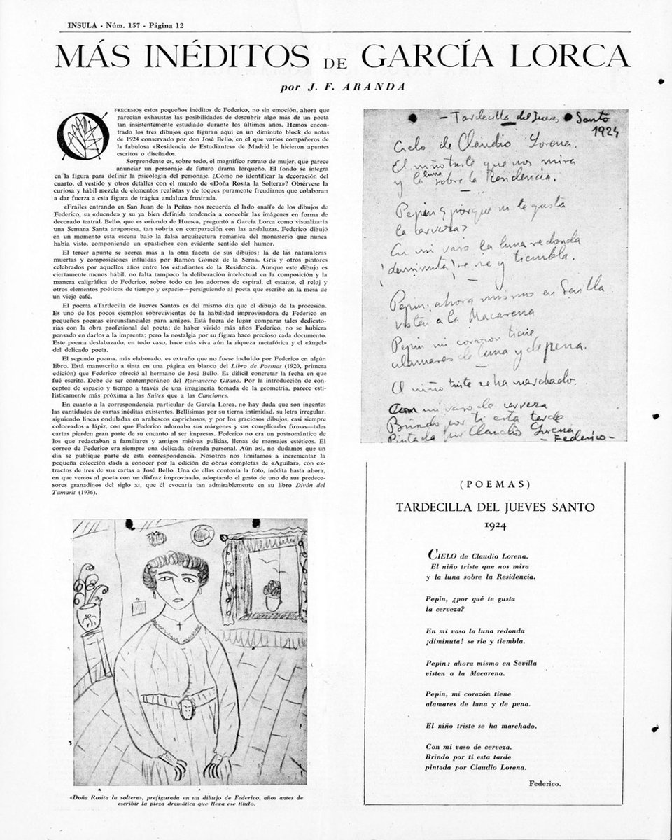 #Poesía
En el número 157 de Í𝘯𝘴𝘶𝘭𝘢 (diciembre de 1959), se publicaron estos inéditos de Federico García Lorca.