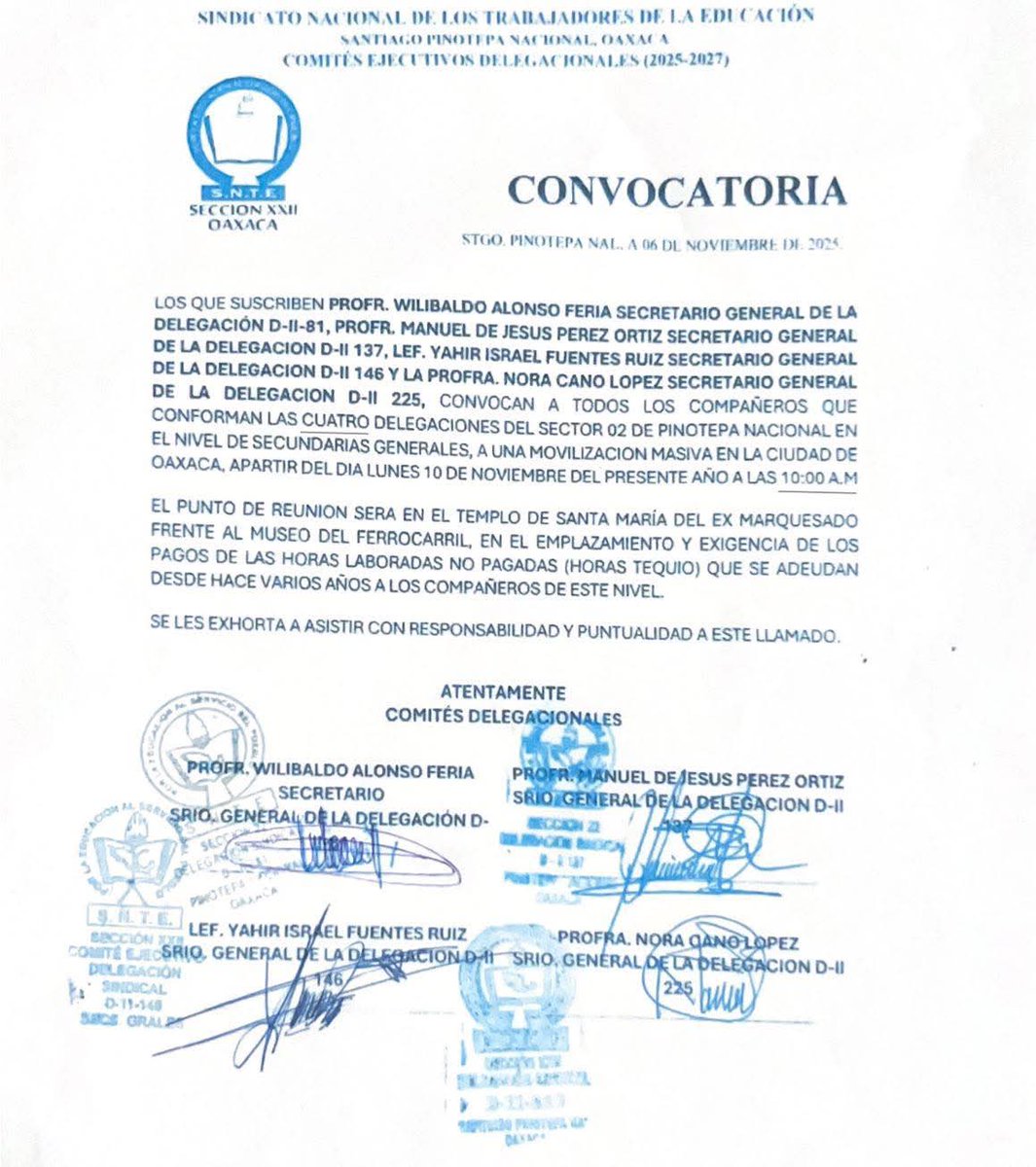 La Sección 22 de la CNTE llamó a sus bases a movilizarse masivamente este lunes 10 de noviembre en la capital oaxaqueña y regiones, en rechazo a la negativa gubernamental en la mesa tripartita rota el 25 de octubre.

Los maestros exigen pago de horas adeudadas en secundarias