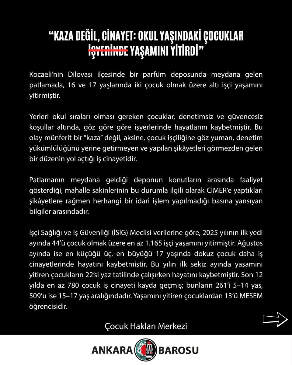 ankbarochm's tweet photo. “KAZA DEĞİL, CİNAYET: OKUL YAŞINDAKİ ÇOCUKLAR İŞYERİNDE YAŞAMINI YİTİRDİ” https://t.co/18qynY4uAV