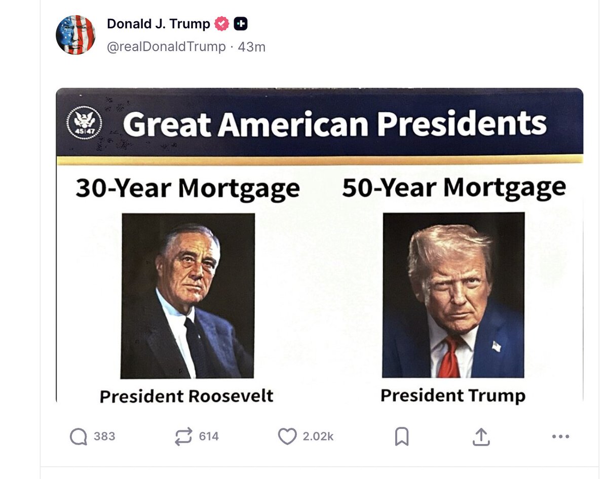 commonsenseplay's tweet image. TRUMP JUST POSTED THE 50 YEAR MORTGAGE!

50-YEAR MORTGAGE = LIFETIME DEBT. 
BANKS GET RICH. YOU NEVER GET FREE.

- Back in the early 1900s, mortgages were short, usually 3 to 5 years and mostly interest-only. Then you had to pay a big lump sum at the end back to the bank.…