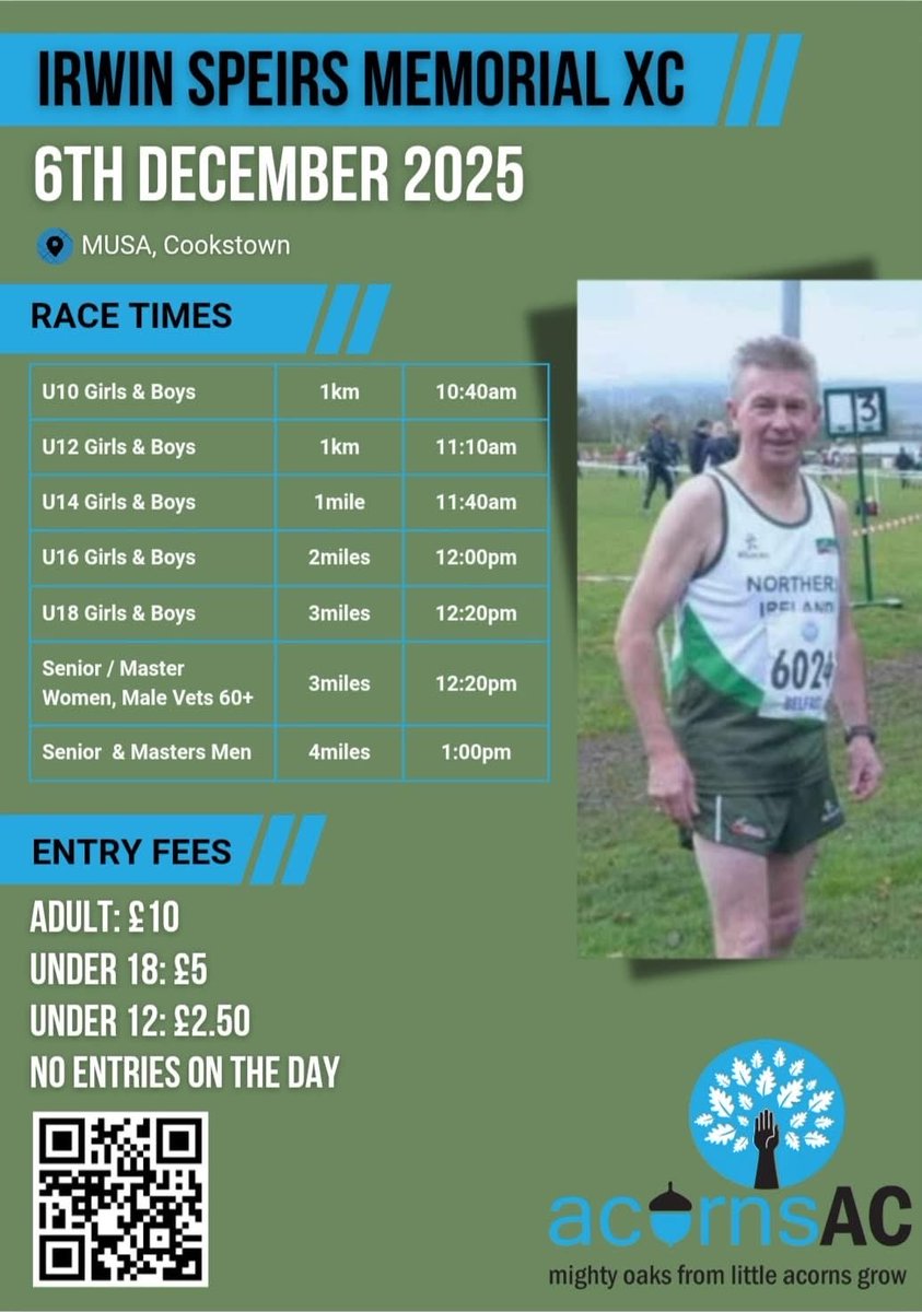 Irwin Speirs Memorial XC

The Irwin Speirs Memorial XC is back on Saturday 6th December 2025! 

As always, the famous Acorns hospitality will be there for you afterwards ☕️
We hope to see you all there.