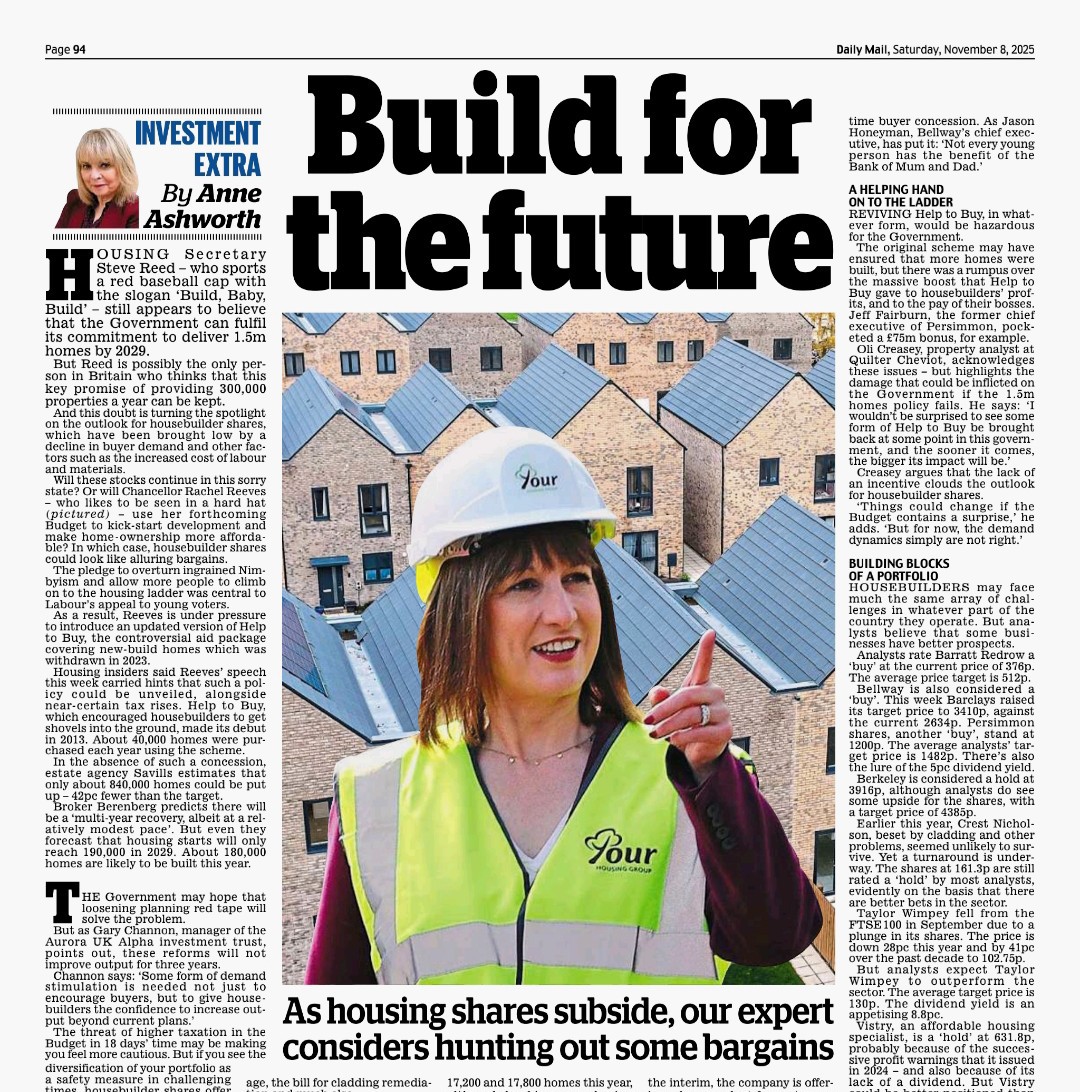 A question mark hangs over the government's pledge to deliver 1.5m homes by 2029 so it's rumoured that the chancellor will  unveil a version of Help to Buy in the Budget. Which has turned the spotlight on housebuilders shares 
 mol.im/a/15270325 via dailym.ai/android