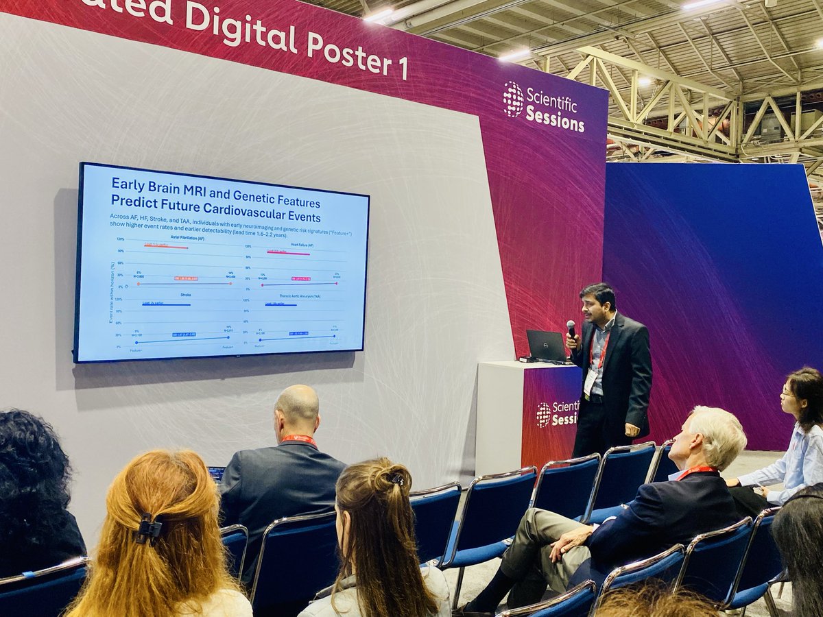 Congrats @knowingalok on this innovative work showing brain 🧠-heart ❤️ interactions: using a radiogenomics approach to id brain 🧠 imaging features to predict future CVD &amp; vice versa, revealing genomic 🧬 associations and therapeutic targets 🎯 <a href="/AHAScience/">AHA Science</a> #AHA25