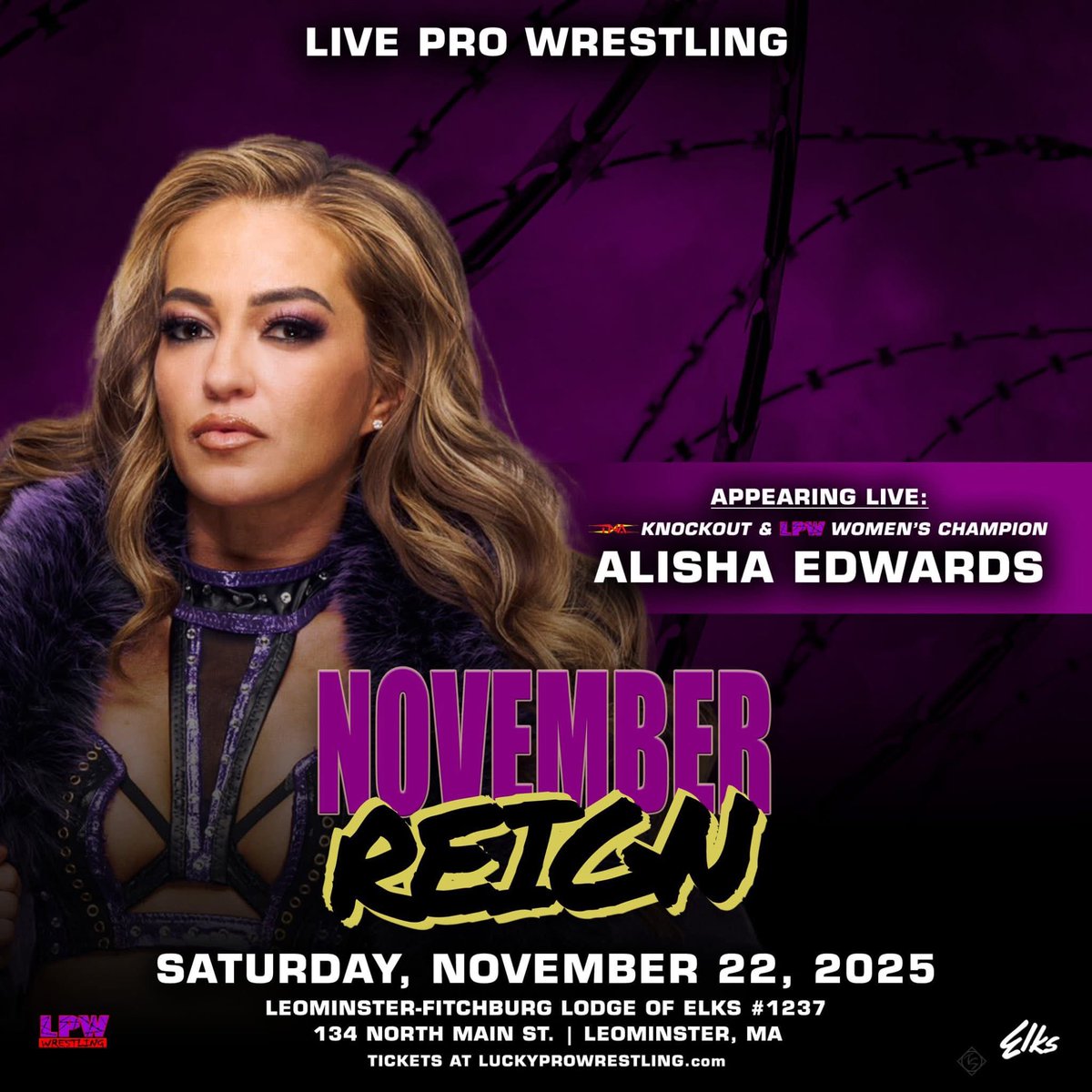 LProWrestling's tweet image. Lucky Pro Wrestling presents &quot;November Reign&quot; on Saturday, Nov 22 at the Elks Hall (134 N Main St) in Leominster, MA. Doors open at 6:30PM; live wrestling at 7:30PM.
Tickets for this event are just $15!
luckyprowrestling.com