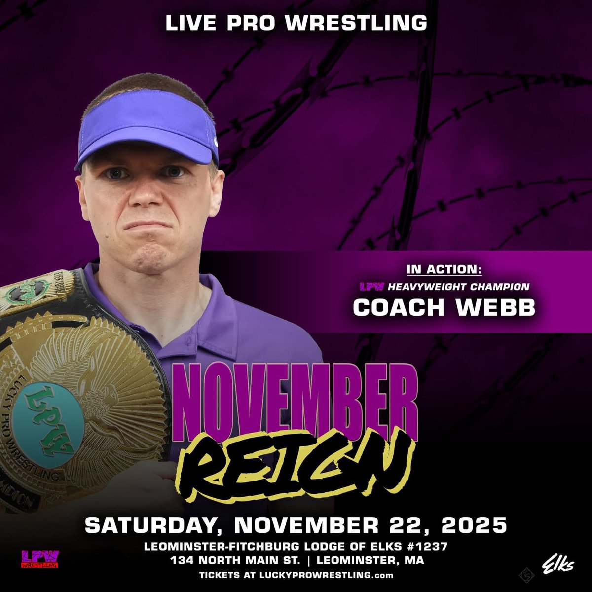 LProWrestling's tweet image. Lucky Pro Wrestling presents &quot;November Reign&quot; on Saturday, Nov 22 at the Elks Hall (134 N Main St) in Leominster, MA. Doors open at 6:30PM; live wrestling at 7:30PM.
Tickets for this event are just $15!
luckyprowrestling.com