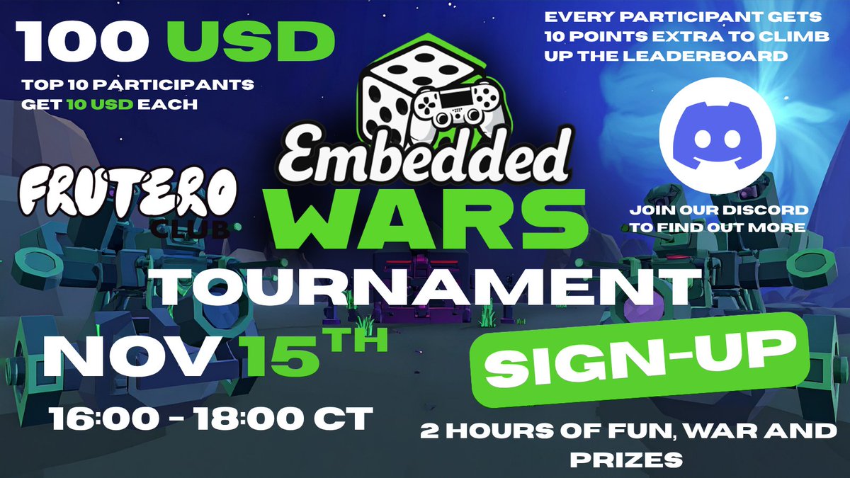 Embedded_Games's tweet image. Our First-Ever Embedded Wars Tournament Is Here!!!

That’s right!! We’ll be hosting our first-ever Embedded Wars tournament in collaboration with the amazing Mexican crypto community, @fruteroclub. We couldn’t be more excited about this collaboration with such a passionate…