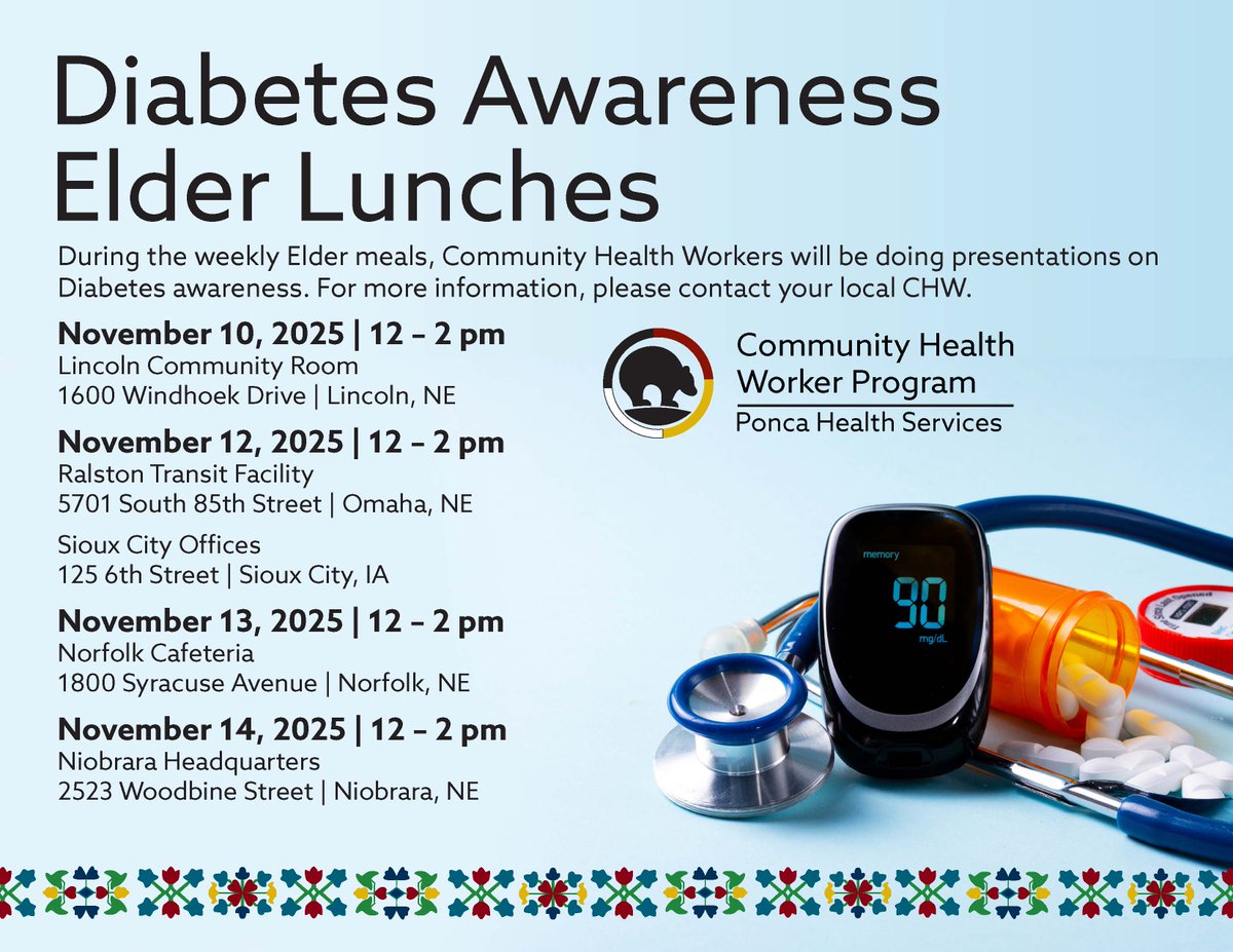 During the weekly Elder meals, Community Health Workers will be doing presentations on Diabetes awareness. For more information, please contact your local CHW.