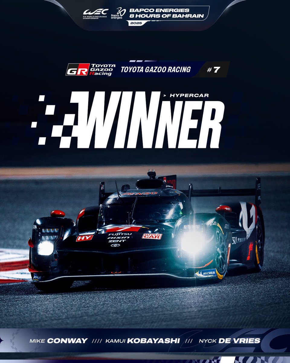 FIAWEC's tweet image. TOYOTA WIN THE SEASON FINALE IN BAHRAIN! 🇧🇭

#7 @TGR_WEC are your Hypercar race winners 👏

#WEC #8HBahrain #Toyota