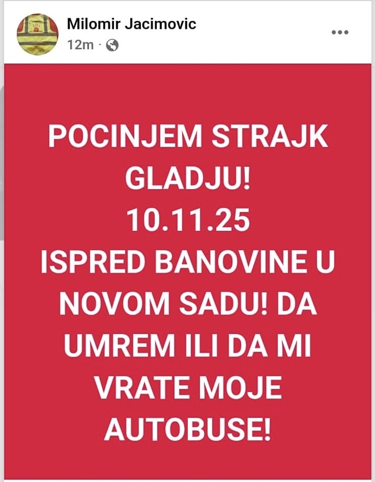 ХЕРОЈ СРБИЈЕ 
Миломир Јаћимовић
Хапшен, пребијан, хапшен му је син, бушене гуме, разбијани аутобуси, одузимани аутобуси, прећено му је клањем...
Сада ступа у штрајк глађу!
Нико није сам!
Морамо сви стати уз Миломира!
Али вама је удобније у фотељи и за тастатуром!