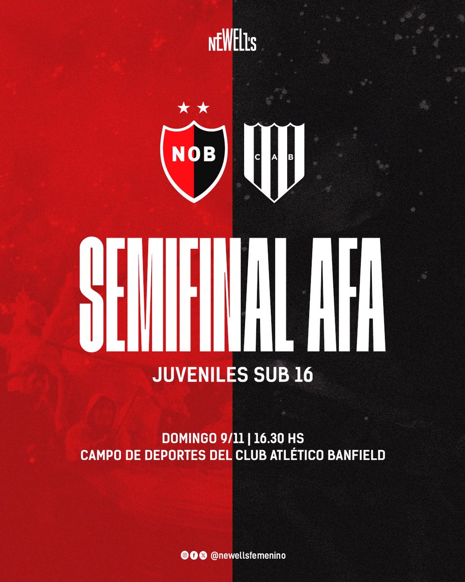 #JuvenilesAFA | SE JUEGA LA SEMI 💪🏻

La sub 16, dirigida por Octavio Larrea, enfrenta mañana desde las 16:30 h a Banfield por la semifinal del campeonato.

#VamosNewells❤️🖤