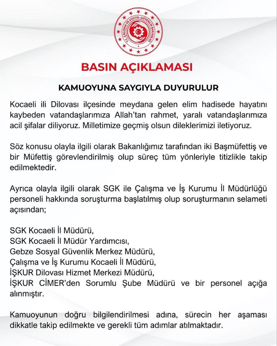 Dilovası’nda meydana gelen 6 kişinin yaşamını yitirdiği kazadan kaynaklı SGK Kocaeli Müdürü başta olmak üzere 7 kişi görevden alındı. 

#dilovası #dilovasıyangın