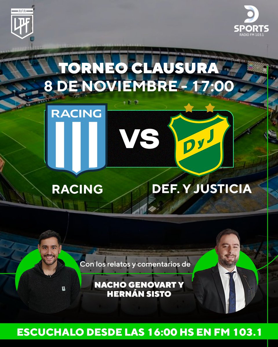 Promesa de partidazo en <a href="/DSportsRadio/">DSports Radio 103.1 FM</a> 103.1 
#TorneoClausura 
#Racing #DefensayJusticia 
Junto a <a href="/NachoGenovart/">NACHO GENOVART</a> <a href="/HernanSisto/">Hernán Sisto🎙</a> <a href="/Hachita/">Ariel Hachita Ludueña ⭐⭐⭐</a> y <a href="/JoniiGramuglia/">Jonatan Gramuglia</a>