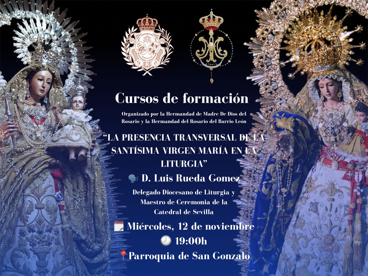 📖 Curso de formación
Organizado  junto a <a href="/HdadRosarioBL/">Rosario del Barrio León</a>

🎙️ “La presencia transversal de la Santísima Virgen María en la Liturgia”
👤 D. Luis Rueda Gómez, Delegado Diocesano de Liturgia.

📅 Miércoles, 12 de Nov
🕖 19:00 h
📍 Parroquia de San Gonzalo

#Formación #Liturgia
