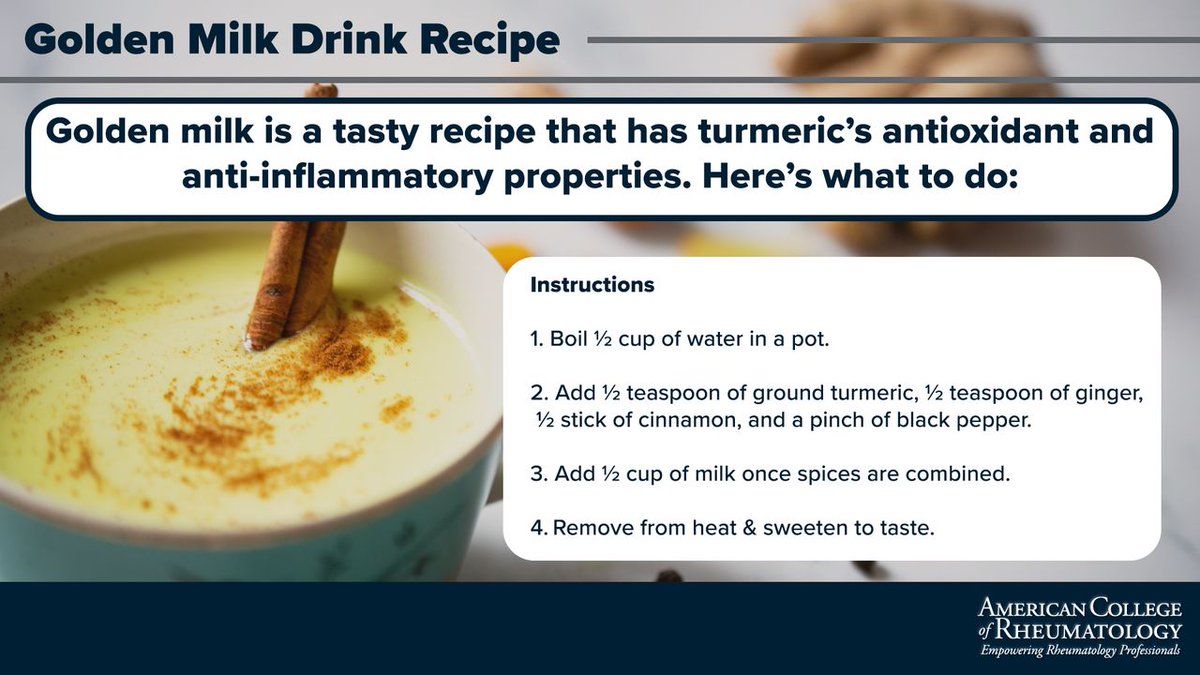 ACRSimpleTasks's tweet image. If the cooler temps from the fall weather are causing you aches and pains,  try this yummy Golden Milk recipe that not only keeps you warm but contains antioxidants and anti-inflammatory properties to help relieve your RA symptoms.