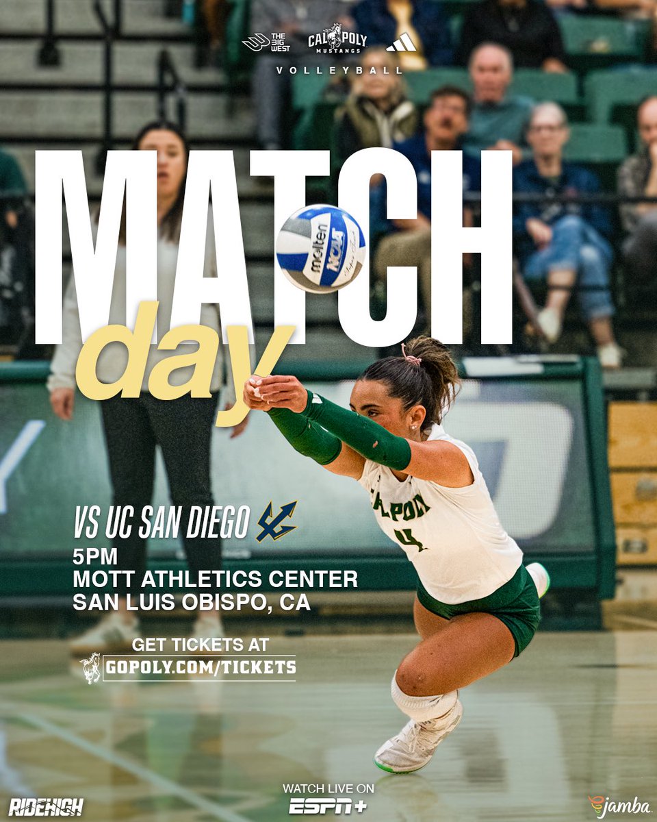 CalPolyVolley's tweet image. Mott Magic, take two 🎬 

🆚 UC San Diego
⏰ 5:00 p.m.
📍 Mott Athletics Center
📊 GoPoly.com
📺 ESPN+

#RideHigh