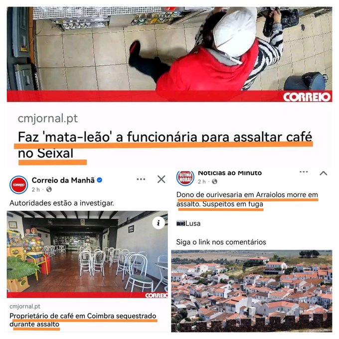 🚨🚨 ARRAIOLOS. COIMBRA. SEIXAL. 
Três assaltos violentos em menos de 24h. Um idoso assassinado. 
Mas calma - o director da PJ garante que o “sentimento de insegurança” vem da desinformação. 
A violência é real. O negacionismo também.
