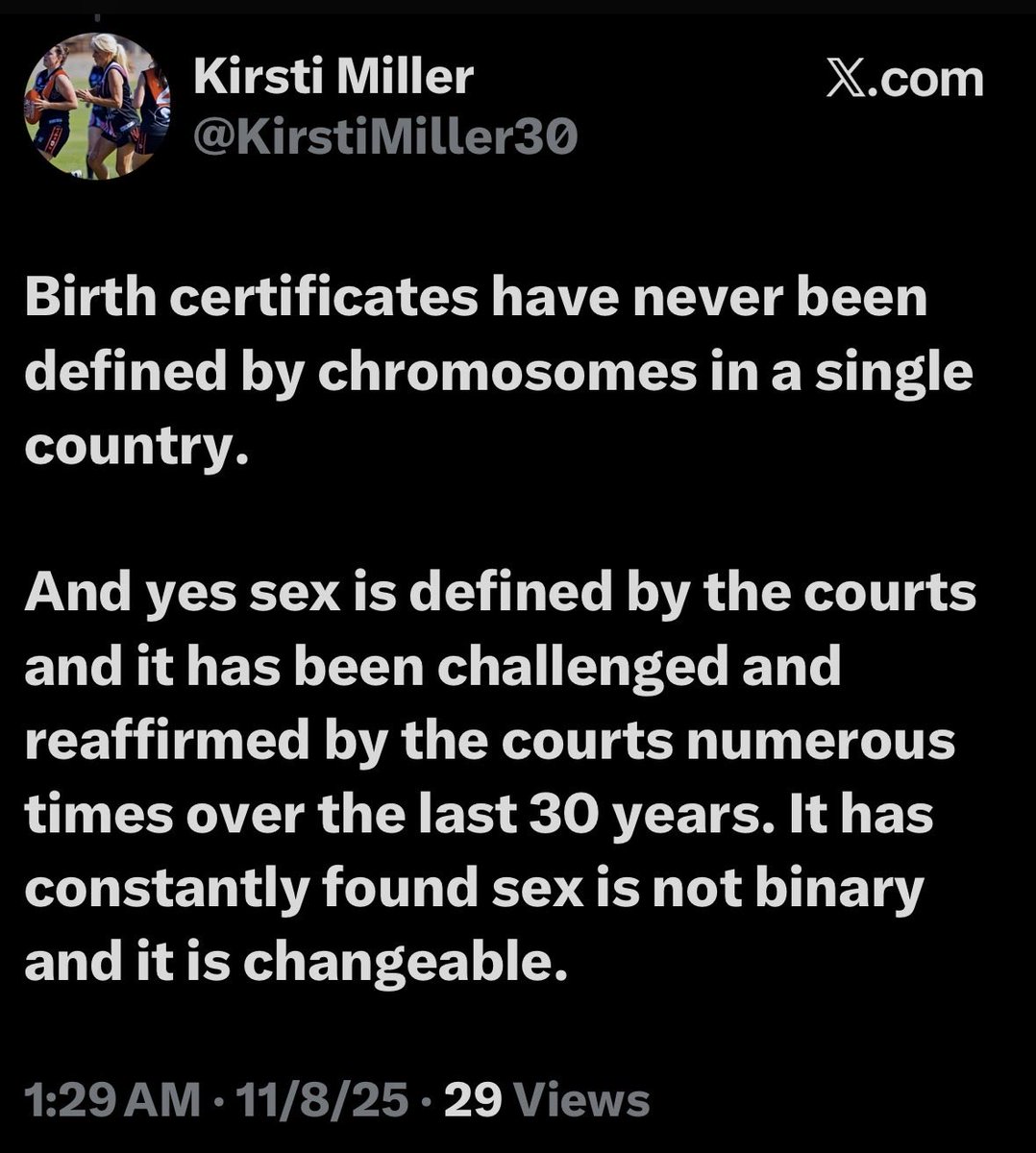 Censored4sure's tweet image. While your first point is true, the second is misleading.

1.  Birth certificates are based on what a doctor sees at birth (genitals, not DNA), spot on.

2.  When courts say sex isn’t binary or can change, they’re talking legal paperwork for IDs and rights, not rewriting…