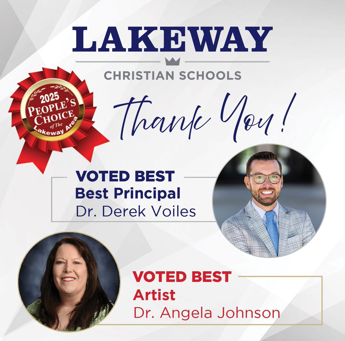 LakewayLions's tweet photo. Congratulations to Dr. Derek Voiles for being named "Best Principal" and Dr. Johnson from CCA for being recognized as "Best Artist" in this year’s Lakeway Area People’s Choice Awards! 🏆
We are so proud of both of you!
#ThankYou #BestPrincipal #WeAreLCA https://t.co/oy1JqMFYho