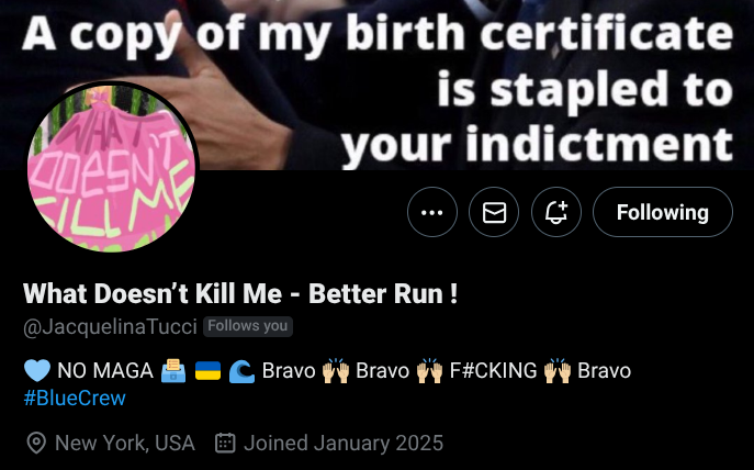 Hey peeps, we've another lost account starting over. 
Meet <a href="/JacquelinaTucci/">What Doesn’t Kill Me - Better Run !</a> 
Her profile says it all! A fierce resister &amp; advocate for democracy;
Give her a follow &amp; a repost and let's get her numbers back up to where they deserve to be!
Thanks peeps &amp; don't forget to REPOST!