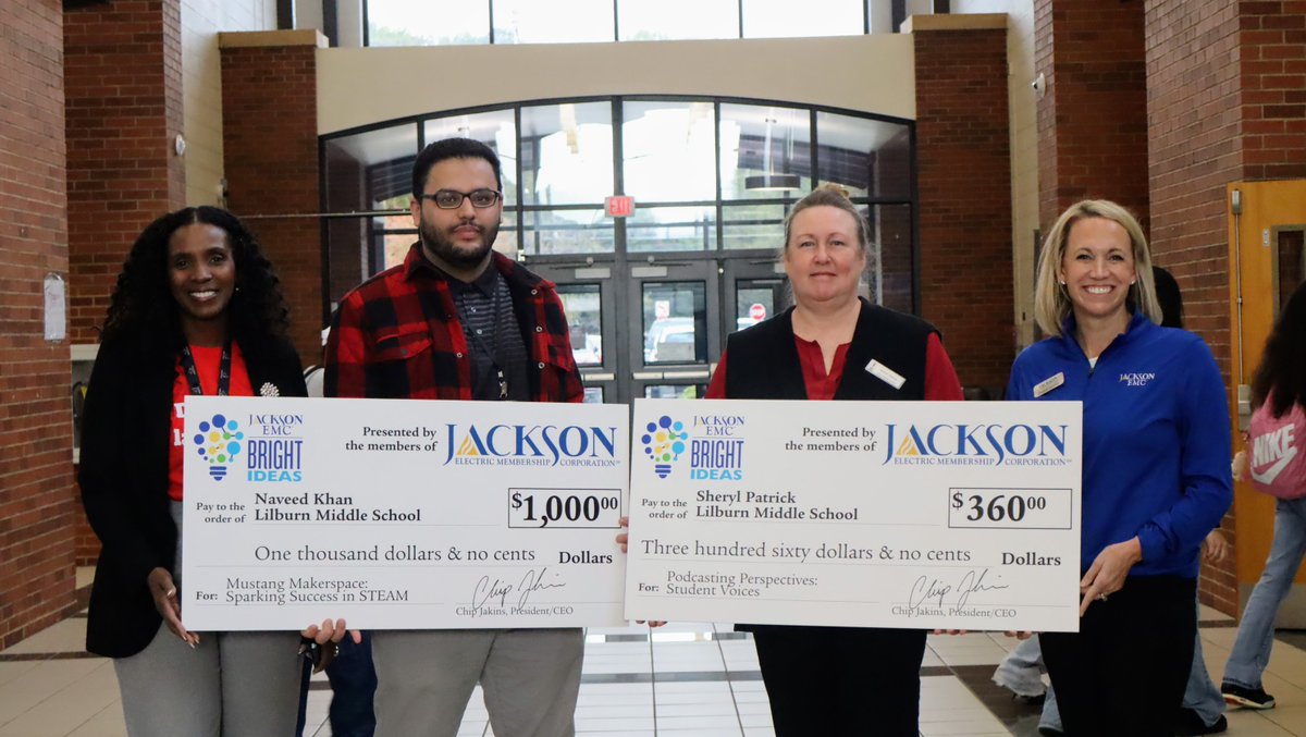 LilburnMiddle's tweet image. Congrats to LMS teachers Mr. Khan and Dr. Patrick, winners of Jackson EMC Bright Ideas Grants!
Thank you @JacksonEMC for supporting innovation in our classrooms!
#LilburnMiddle #MustangPride #BrightIdeas