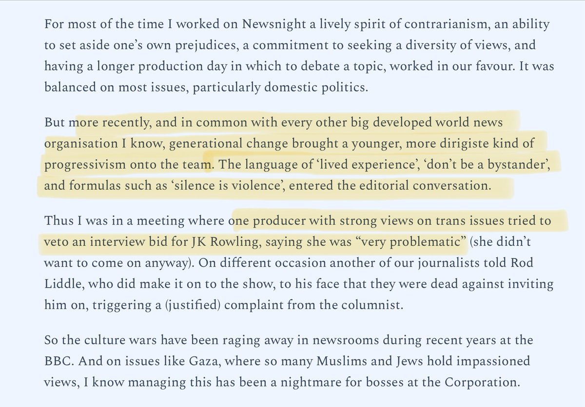 shabanahfazal's tweet image. Excellent, honest piece by ex BBC journalist @MarkUrban, confirming bias eg the vetoing of JK Rowling as a Newsnight guest. He’s free to speak now, but imagine how many other BBC journalists silently agree with him. They need to speak up, especially about its blatant trans bias.