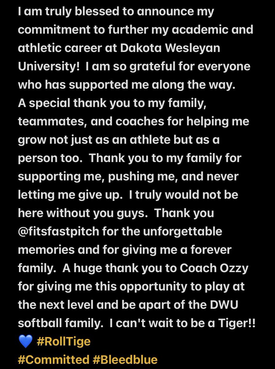 Committed!! I can't wait to be a Tiger💙
#RollTige #Bleedblue 
<a href="/DWUSoftball/">Dakota Wesleyan Softball</a> <a href="/coachozzydwu/">Coach Ozzy</a> <a href="/16uMn64294/">MN Misfits 18U/ 2025-2027</a> <a href="/becker_bsbl/">Becker Baseball Training</a>