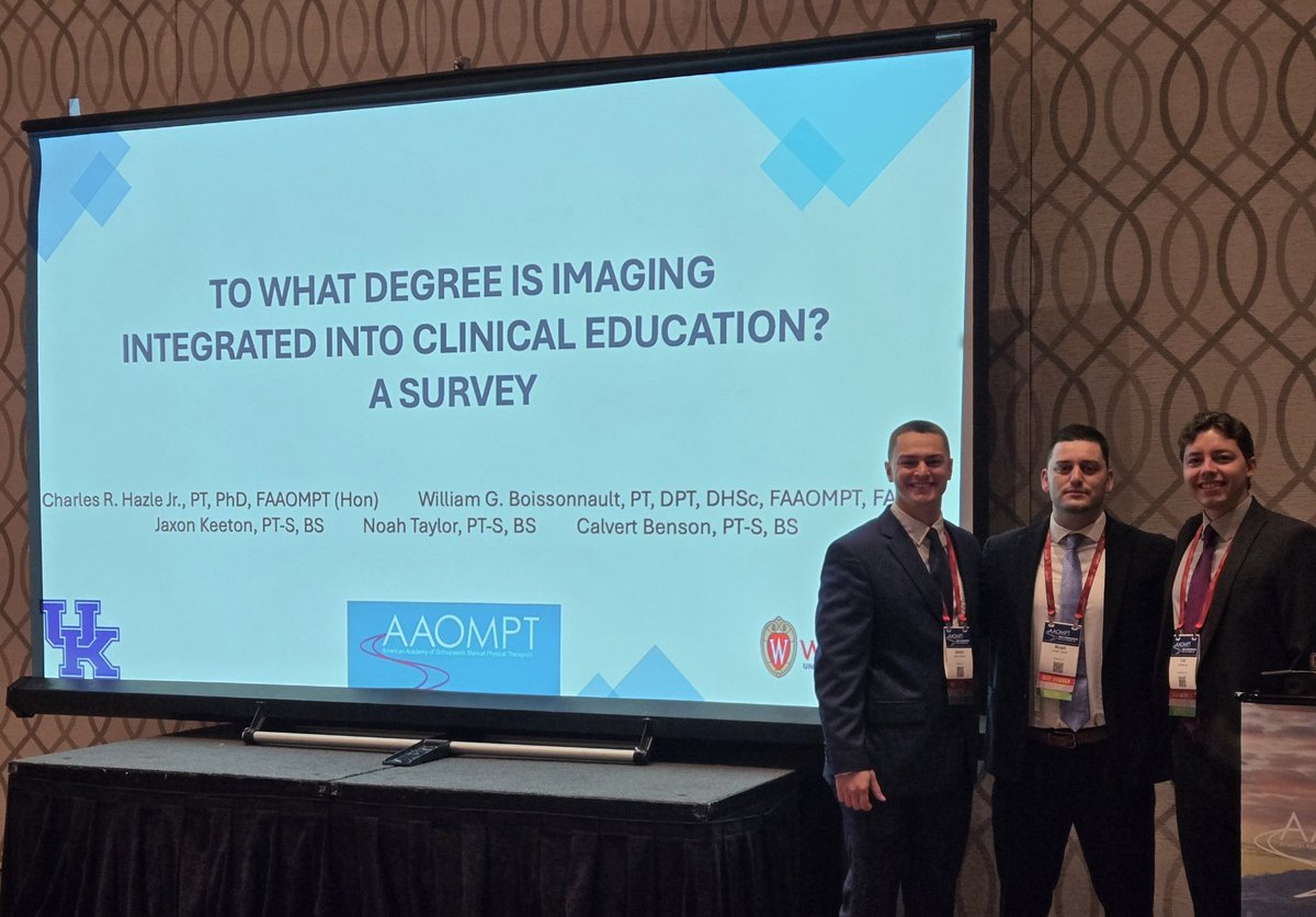 UK students Jaxon Keeton, Noah Taylor, Cal Benson presenting at AAOMPT. #AAOMPT2025
