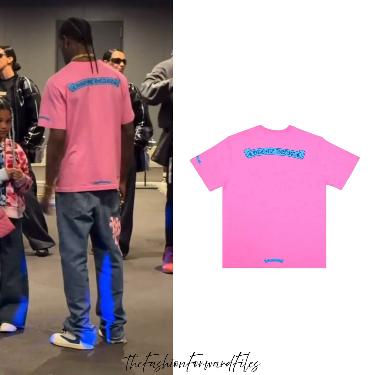 Travis Scott wears Chrome Hearts Scroll Pocket Tee in pink with 